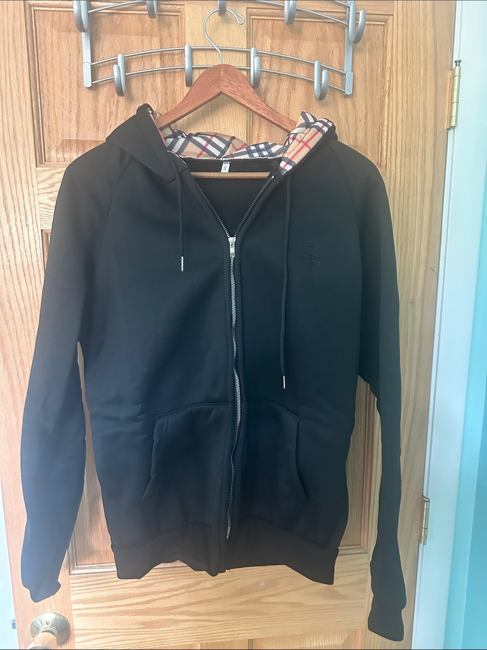 Men's Black Zip-Up Hoodie with Plaid Hood Lining